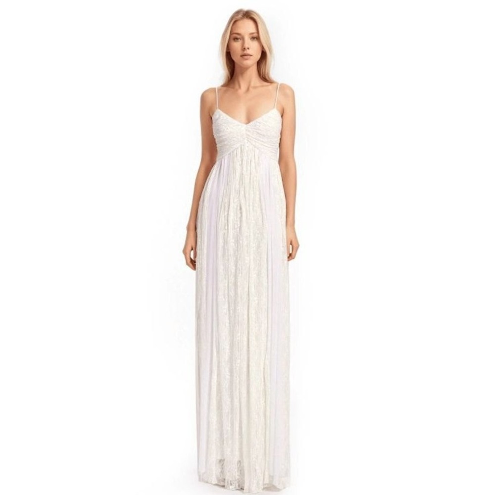 Jewel Badgley Mischka Ivory Pleated Mesh Lace Georgette Gown Size 0